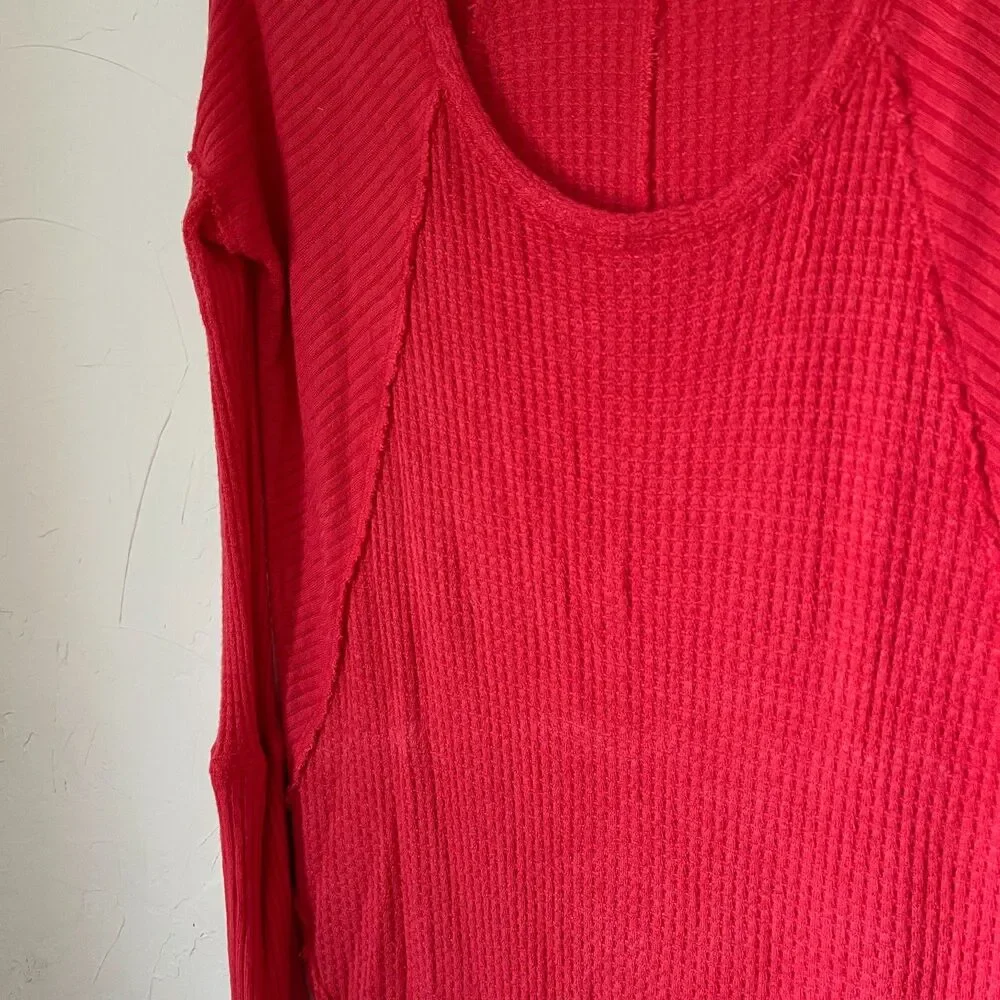 Free People Coral Ribbed Thermal Top‎ Cozy Boho Waffle Knit Oversized Size L
